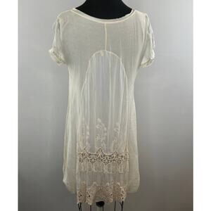 Women's White Ivory Casual Scoop Neck High Low Embroidered Silk Mini Dress S